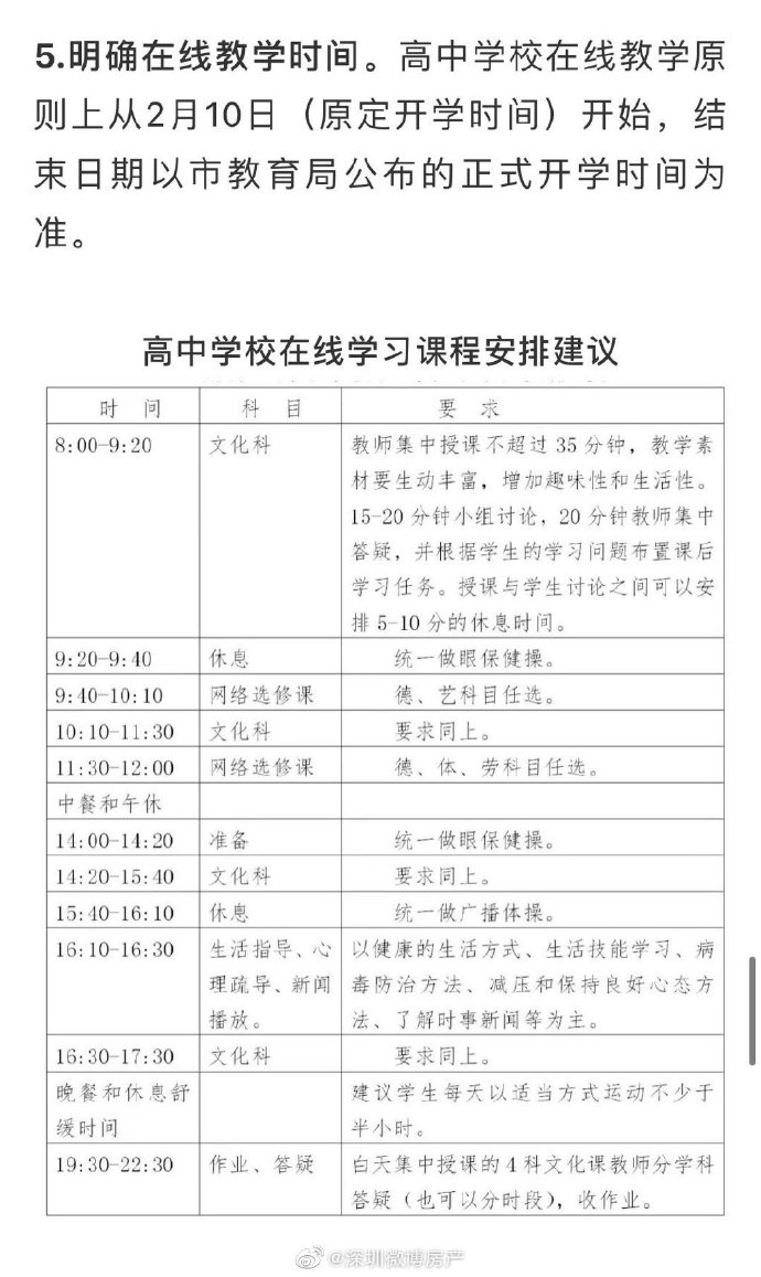 深圳市教育局：高中2月10日开始在线教学直至正式开学